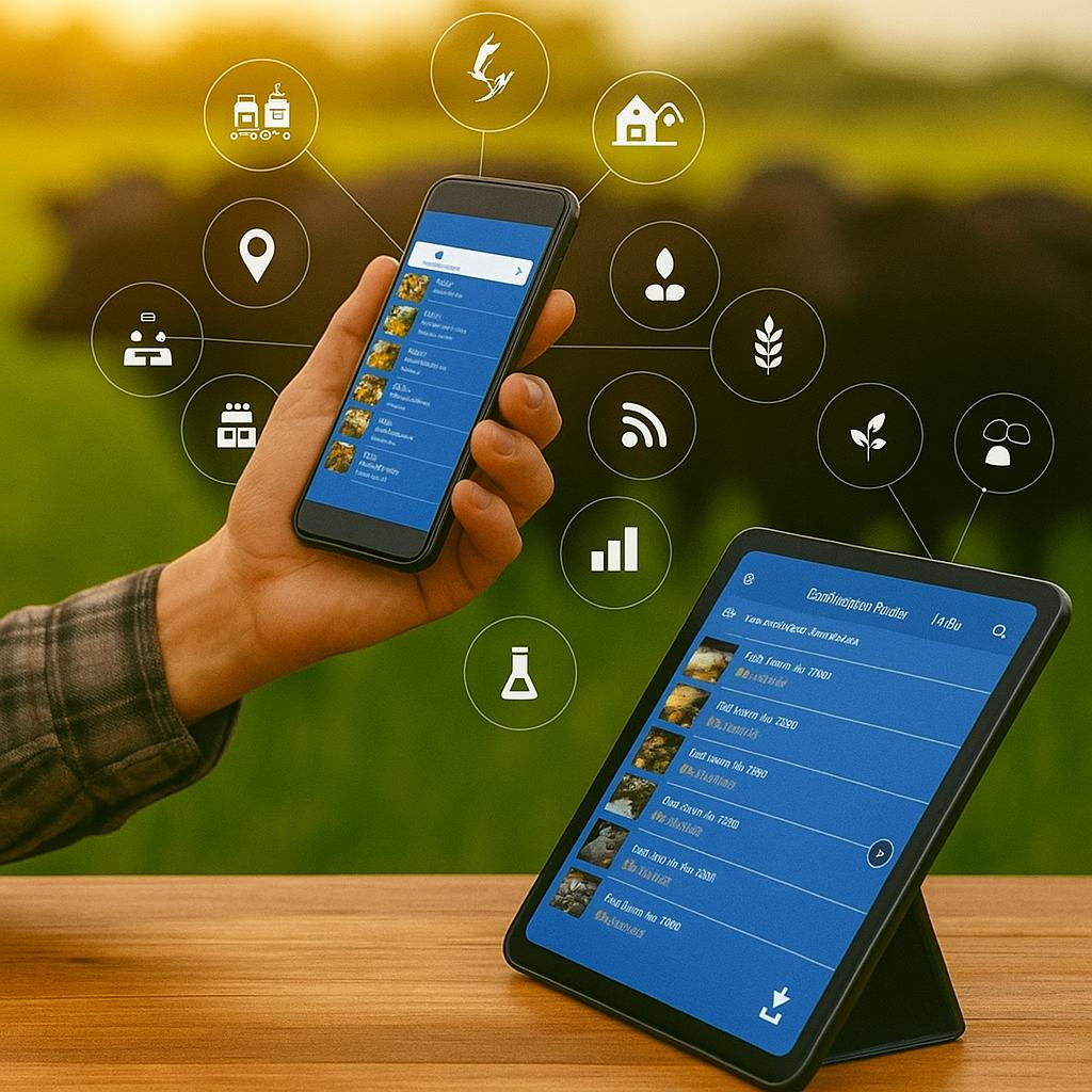 A person holding a smartphone showing farm data